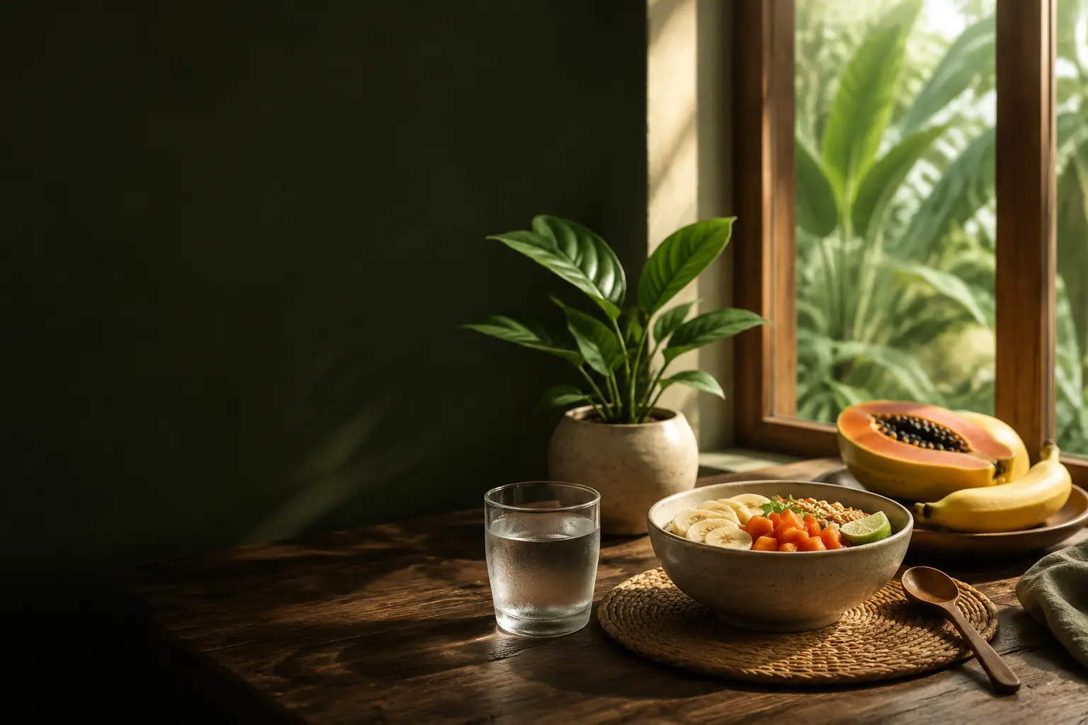 Rutinitas pagi seimbang dengan sarapan sederhana dan tanaman hijau
