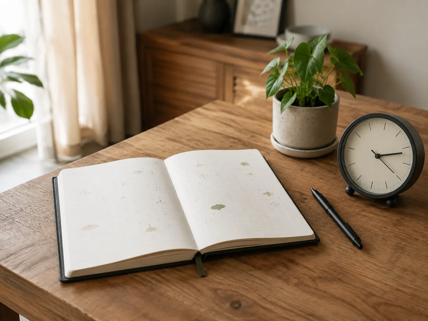 Buku jadwal, jam, dan pena untuk membantu mengatur rutinitas